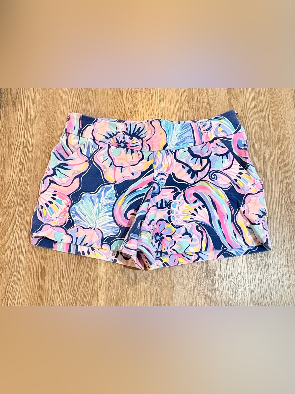Lilly Pulitzer Navy Floral Print Athletic Shorts with Pink & Blue Accents